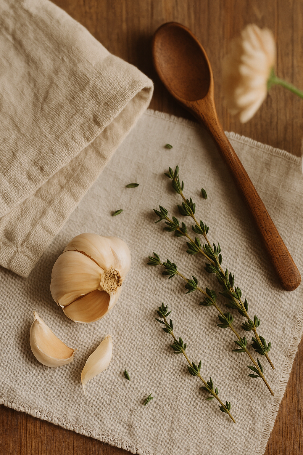 Various ingredients included in macaroni and cheese soup recipe, including garlic and fresh rosemary sprigs.