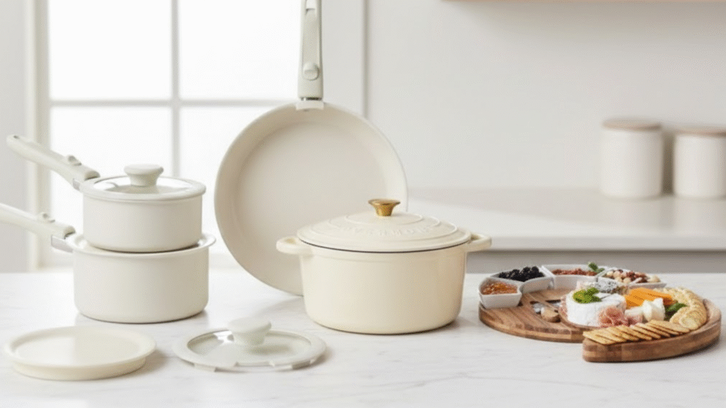 A white ceramic pot set with detachable handles, a white dutch oven with gold knob, and an expandable charcuterie board.