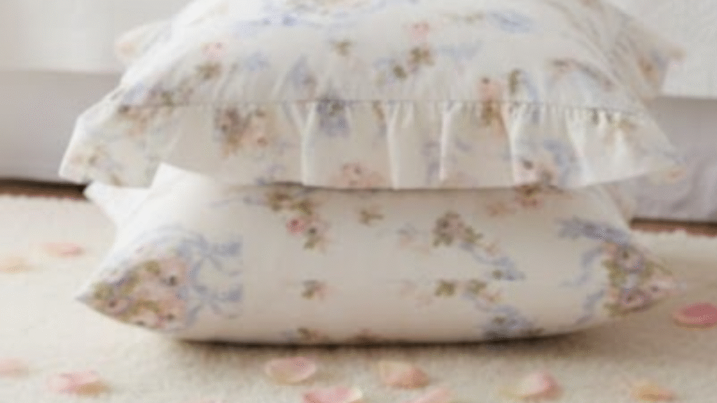 A stack of beautiful pastel floral print pillows inspired by those in chapter 6 of the holiday wishbook.