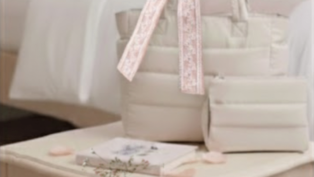 A puffer tote and pastel birth flower embroidered journal inspired by products featured in chapter 6 of the holiday wishbook.