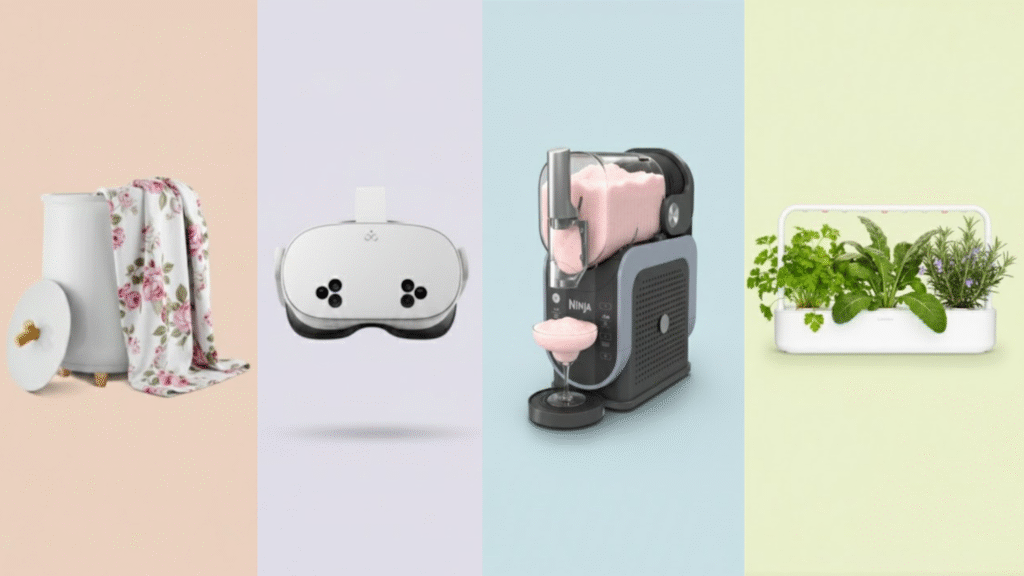A product photo featuring products inspired by chapter 5 of the holiday wishbook. A spa towel warmer, a virtual reality headset, a slushie maker machine, and a hydroponic indoor herb garden.