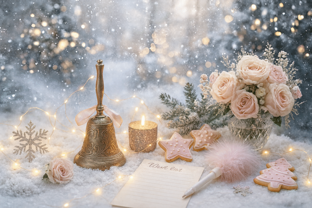 A whimsical holiday scene with fairy christmas lights, sparkling snow, a christmas bell, flowers, and a glowing candle, iced cookies, and a wish list waiting to be written nestled in the snow.