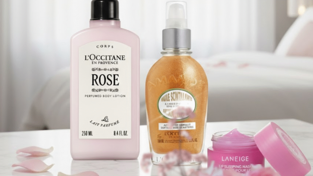 A stylized scene inspired by chapter 3 of the holiday wishbook. A sparkling body oil, a rose scented body lotion, and a sweet candy pink lip mask.